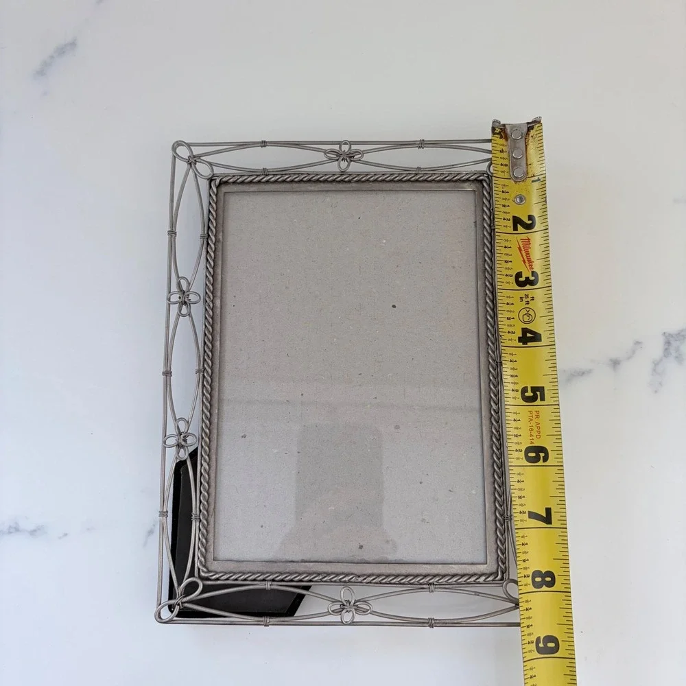 Vintage Wire Metal Photo Frame Pewter Tone Floral Bow Detail 5x7 Picture Frame